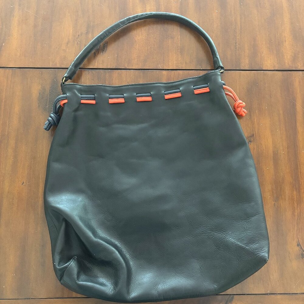 Clare V. Black Leather Slouchy Hobo Bag with Red & Navy Accents